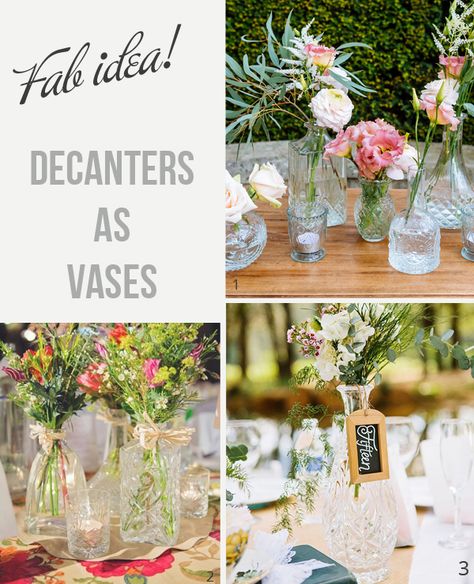 If you are looking for something elegant yet unusual for your wedding centrepieces, how about using glass decanters. Glass decanters come in lots of different shapes and sizes and can be used as vases together with smaller pressed glass vases on a table. Whether you choose just to have one decanter on each table or […] Decanter Centerpiece, Bbq Decor, Crystal Decanters, Glass Vases Wedding, Vintage Glam Wedding, Wedding Vase Centerpieces, Wedding Centrepiece, Favours Wedding, Wedding Fayre