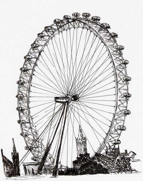 London Eye Sketch, London Line Drawing, London Architecture Drawing, London Eye Illustration, London Drawing Sketches, London Eye Drawing, Eye Sketch Easy, Cafe Plan, Sketch London