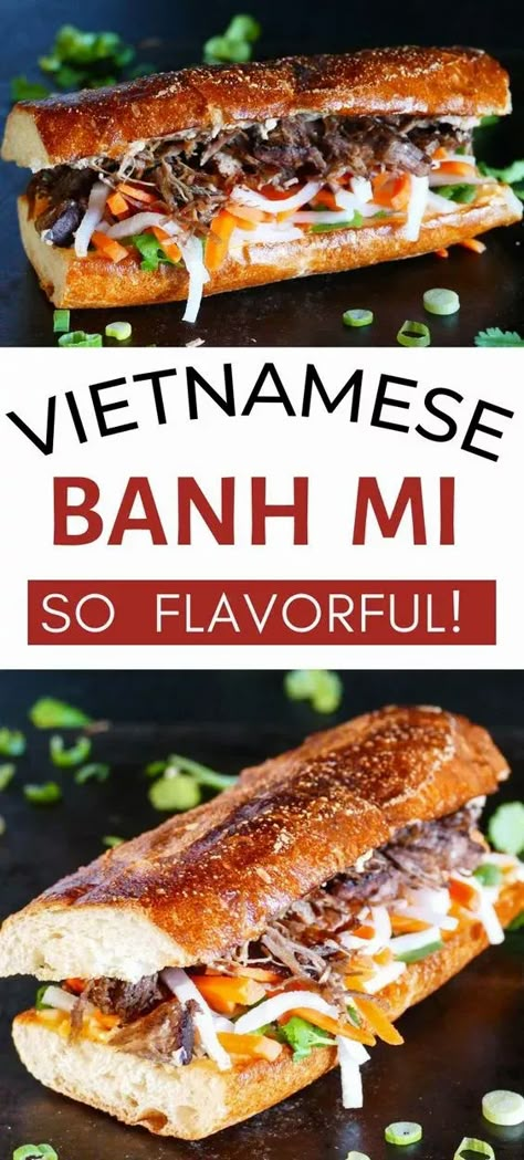 Banh Mi is a Vietnamese Pork Sandwich that delivers an incredible flavors. This Asian sandwich is assembled on toasted French bread or baguette with pork, pickled vegetables, and fresh herbs. Bring the flavors of your favorite banh mi food truck or takeout to your kitchen with this easy Instant Pot Vietnamese recipe. Oven instructions also included! Banh Mi Sandwich Recipe, Toasted French Bread, Banh Mi Recipe, Easy Vietnamese Recipes, Vietnamese Sandwich, Vietnamese Pork, Bahn Mi, Banh Mi Sandwich, Asian Pork