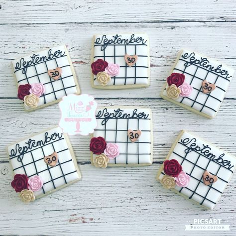 Save the Date Cookies Calendar Cookies Save The Date, Save The Date Cookies Wedding, Save The Date Cookies, Wedding Shower Cookies, Cookie Board, Engagement Cookies, Date Cookies, Bridesmaids Proposal, Team Bride Shirts