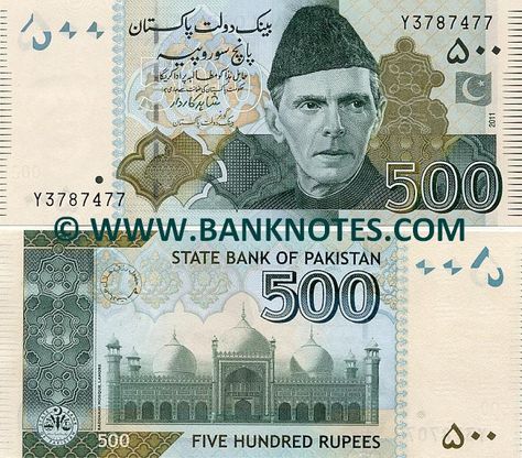 Pakistan 500 Rupees 2009-2012 Front: Effigy of the Quaid-e-Azam Muhammad Ali Jinnah (25 December 1876 – 11 September 1948) in National Dress i.e. Sherwani. Flag of Pakistan in Optically Variable Ink (OVI). Back: Badshahi Mosque in Lahore. State Bank seal. Watermark: Muhammad Ali Jinnah; Electrotype '500'. Main colours: Green, olive and light blue. Printer: Pakistan Security Printing Corporation. Signature: Shahid Hafiz Kardar (Governor). Date of issue: 25 January 2010. Material: 100% cotton ... Pakistani Currency, Murree Pakistan, Pakistani Rupee, 500 Rupees, Disney Princess Memes, History Of Pakistan, Banknotes Money, Banknote Collection, Pakistan Independence