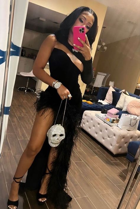 Birthday Slay Black Women, 1 Sleeve Dress, Pretty Tina Dress, Baddie Homecoming Outfits, Longsleeve Birthday Dress, Aesthetic Sweet 16 Dress, Black Birthday Dress Baddie, Met Gala Birthday Theme Outfits, Black Girls Homecoming Dresses