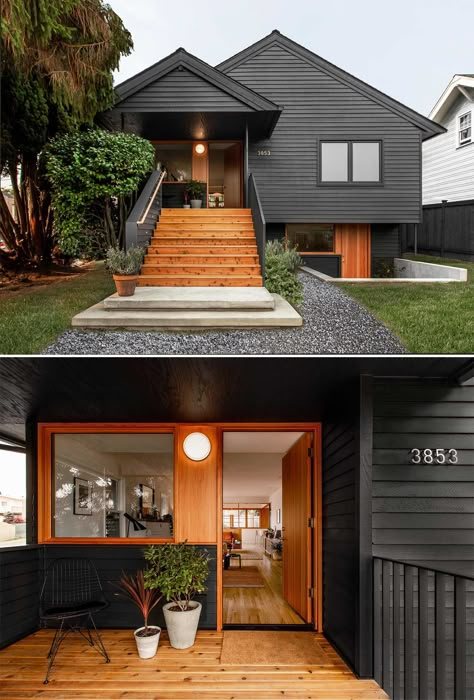 This 1920s Home Was Remodeled With A Black Exterior And Contemporary Interior 1920s Home, 1920s Bungalow, Black Houses, 1920s House, Home Exterior Makeover, Exterior Makeover, Exterior Remodel, House Paint Exterior, Amazing Ideas