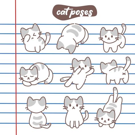 Cute Cat Vector Illustrations, Cat Card Design, Cat Sitting Down, Face Doodles, Cat Doodles, Cat Poses, Back Drawing, Cute Cat Illustration, Chibi Cat