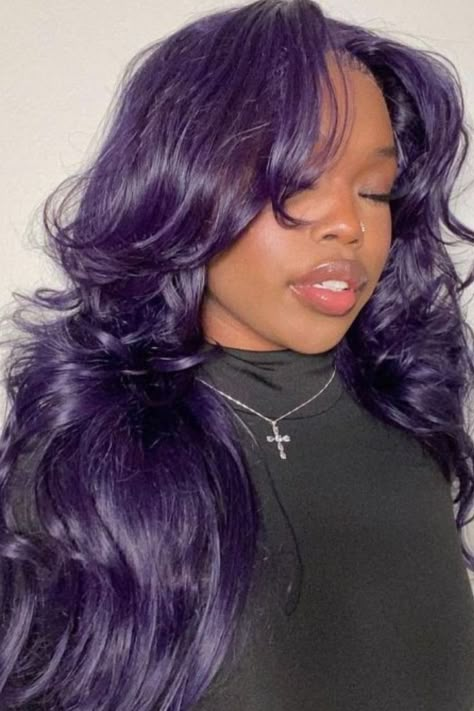 Midnight Purple Loose Waves Purple And Indigo Hair, Dark Purple Hair Dye Ideas, Black Woman With Purple Hair, Black Women With Purple Hair, Purple Hair With Black Highlights, Hair Dye Ideas Color, Purple Hair Costume Ideas, Purple Hair On Black Women, Brownish Purple Hair