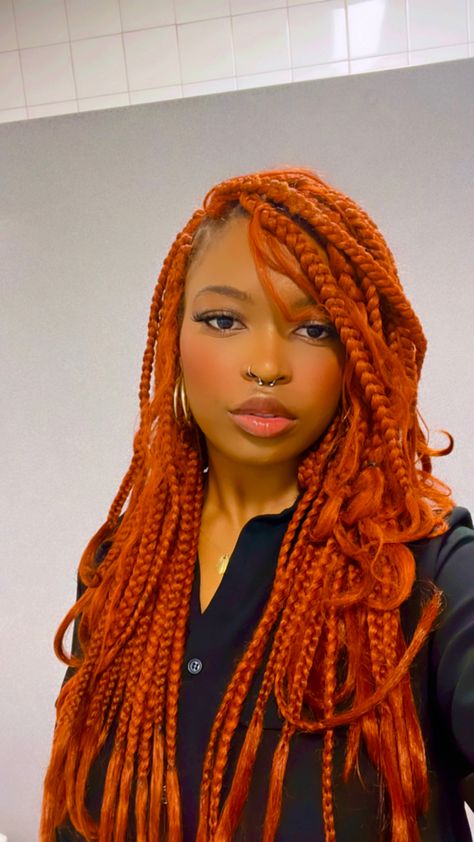 Layered Ginger Braids Dark Orange Braids, Burnt Orange Box Braids, Ginger Color Braids, Orange Braids For Black Women, Copper Braids Black Women, Box Braids Ginger, Orange Box Braids, Ginger Braids Black Women, Ginger Goddess Braids