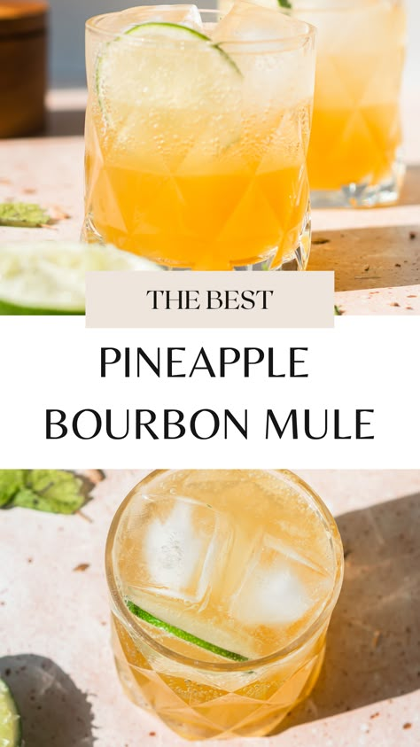 Drink Recipes Alcoholic Whiskey, Pineapple Bourbon Mule, Pineapple Mule Recipe, Bourbon And Pineapple Cocktail, Tropical Bourbon Cocktails, Bourbon Mixed Drinks Easy, Pineapple Moscow Mule Recipe, Different Mule Drinks, Bbq Drink Ideas