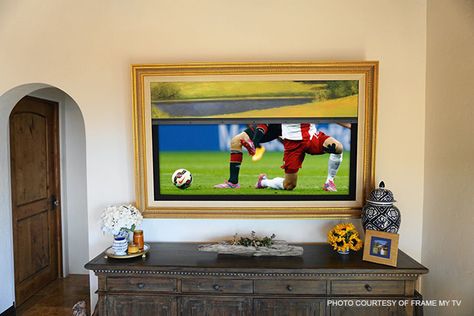 Five innovative ways to disguise your television Tv Behind Artwork, Hide Tv Over Fireplace, Tv Cover Up, Room Decor Country, Hide Your Tv, Hidden Tv Cabinet, Built In Tv Cabinet, Picture Frame Tv, Tv Mirror