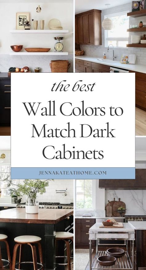 If you have dark wood cabinets, find the best wall paint to match. These paint colors for dark cabinets and wall colors work great with wood cabinets. Get simple dark kitchen cabinet ideas and see what paint colors go with dark cabinets. Dark Cabinets White Trim, Kitchen Paint Colors Brown Cabinets, White Wall Kitchen Dark Cabinets, White Backsplash With Dark Cabinets, Small Kitchen With Colored Cabinets, Wood Cabinets Kitchen Color Palette, Light Walls Dark Cabinets, Dark Cabinets Wall Color Ideas, Paint To Go With Dark Wood