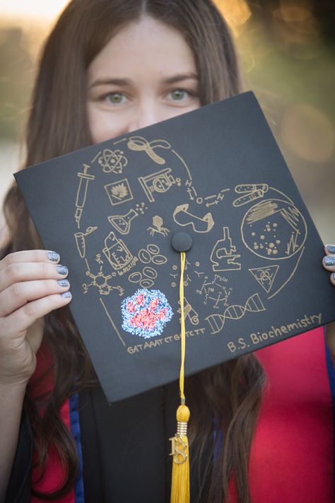 B.S. Biochemistry graduation cap decoration Doctor Grad Cap Ideas, Cap College Decoration, Doctor Graduation Cap Ideas, Women In Stem Graduation Cap, Simple Cap Designs For Graduation, Science Major Graduation Cap, Chemical Engineering Graduation Cap, Graduation Cap Simple, Graduation Cap Designs Doctor