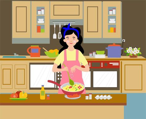 ilustración de diseño plano de madre cocinando en la cocina de casa Mother Cooking, Kitchen Cartoon, Kitchen Clipart, Kitchen Background, Moms Cooking, Food Cartoon, Flat Design Illustration, Cooking Lessons, English Lessons For Kids