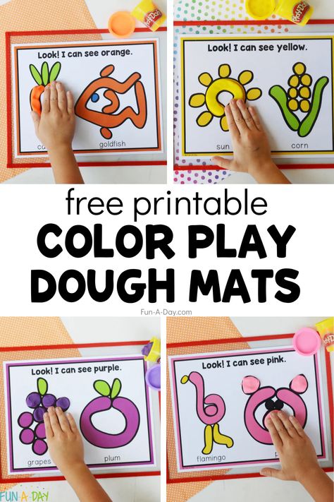 Color Playdough Mats Free Printable - Fun-A-Day! Preschool Play Doh Mats Free Printables, Pre K Playdough Activities, Free Printable Playdoh Mats, Play Doh Task Cards Free, Abc Playdough Mats Free, Playdough Challenge Cards, Free Printable Playdough Mats, Alphabet Playdough Mats Free, Free Playdough Mats