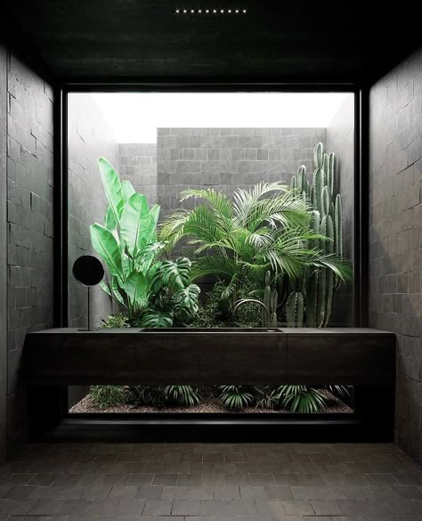 Modern Black Bathroom, Bathroom Design Black, Tropical Bathroom, Outdoor Toilet, Aesthetic Garden, Outdoor Bathrooms, Garden Aesthetic, Toilet Design, Tropical House