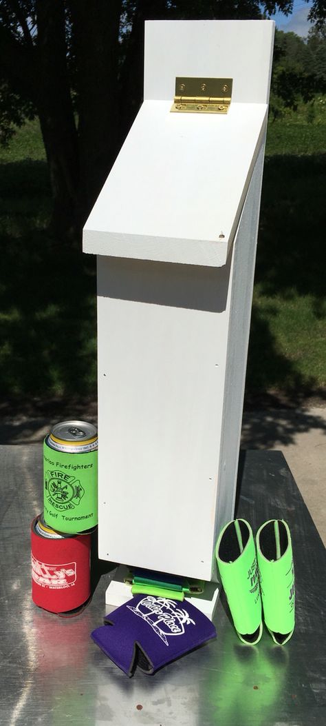 Can Koozie Dispenser created by Paul Schaefer Koozie Display Ideas, Can Koozie Storage Ideas, Koozie Storage Ideas, Diy Koozie Holder, Koozie Organization, Koozie Dispenser, Koozie Storage, Koozie Holder, Bbq Shack