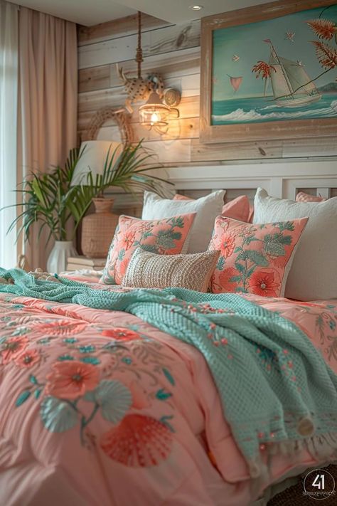 15 Dreamy Pink Coastal Bedroom Ideas: Beachy & Aesthetic 36 Hawaiian Bedroom Ideas, Bedroom Ideas Beachy, Pink Coastal Bedroom, Jane Coslick, Cozy Aesthetics, Beach House Decorating Ideas, Bedroom Moody, Diy Coastal Decor, Pink Coastal