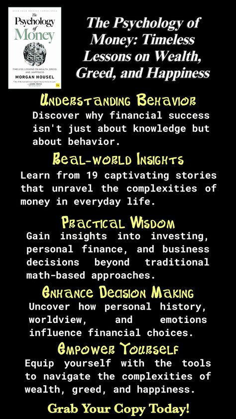 The Psychology of Money by Morgan Housel offers timeless lessons on wealth, greed, and happiness. Dive into insightful stories that reveal the complex relationship between money and human behavior. Learn valuable tips on mastering personal finance, investing, and business decisions. Discover the psychological factors that influence your financial choices and gain a deeper understanding of the role money plays in our lives. Explore this thought-provoking book to enhance your financial literacy and mindset towards wealth. #books #psychologyofmoney #psychology #bookstoread #bookshelf #bookworm #bookstagram Money Discipline, Grow Wealth, Financial Ratios, Money Psychology, Infinite Banking, Personal Financial Literacy, Psychology Of Money, Financial Literacy Lessons, Economics Lessons