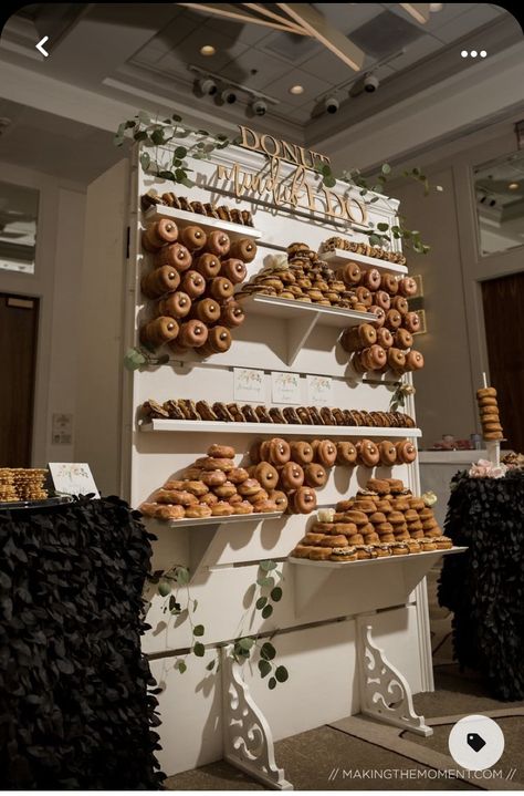 Donut Wall With Shelves, Dessert Wall Wedding, Donut Boards Wedding, Appetizers For Cocktail Hour, Gourmet Canapes, Donut Cart, Doughnut Board, Donuts Wall, Donut Wall Wedding