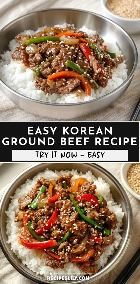 I love making this Easy Korean Ground Beef Recipe for a quick weeknight dinner! The combination of savory beef, colorful veggies, and a delicious sauce over fluffy rice is simply irresistible. Try it now for a flavorful and satisfying meal! Easy Asian Ground Beef Recipes, Lean Minced Beef Recipe, Meat Rice And Veggies Meal Prep, Recipes For 1 Lb Of Ground Beef, Rice And Meat Dishes, Receipts With Ground Beef, Korean Ground Beef Recipes, Korean Easy Recipes, Ground Beef Recipes Gluten Free