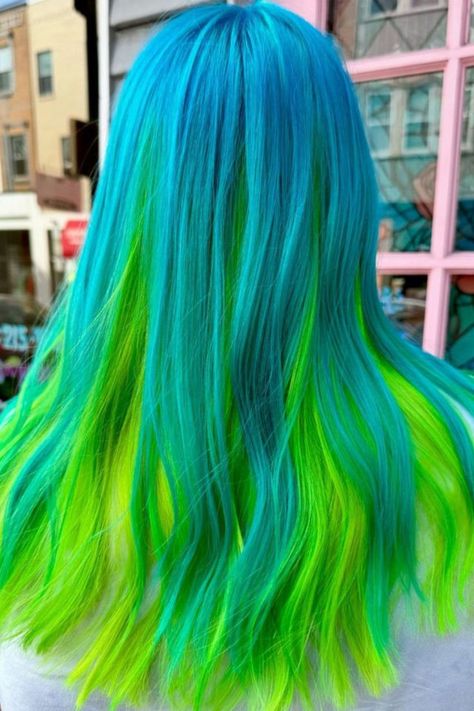 Aqua Marine, Neon Yellow, Neon Green Hair Highlights Underneath, Neon Hair Color, Vivid Hair, Peekaboo Highlights, Bold Hair Color, Neon Hair, Aqua Marine, Neon Yellow, Neon Green