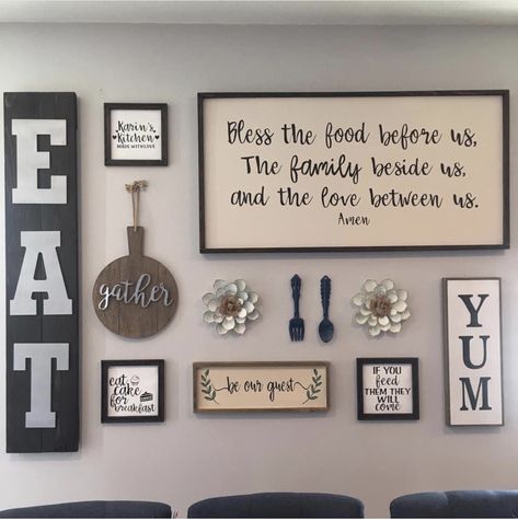 Farmhouse Wall Kitchen Decor, Dining Room Gallery Wall Ideas Farmhouse, Kitchen Picture Ideas Wall Decor, Dinning Room Wall Art Rustic, Dining Room Quotes Wall Ideas, Dinning Wall Decor Ideas Simple, Farmhouse Kitchen Wall Collage, Farmhouse Kitchen Gallery Wall, Quotes For Dining Room Wall