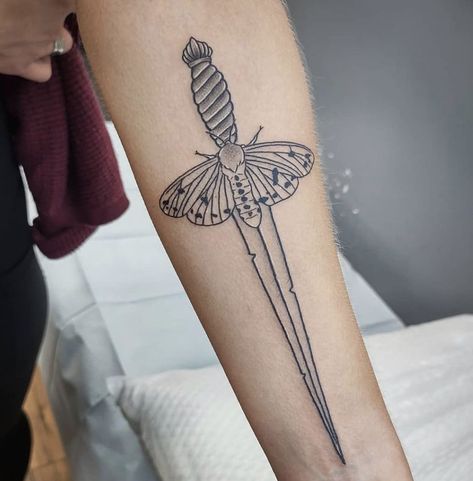 Dagger With Wings Tattoo, Dagger Moth Tattoo, Moth And Dagger Tattoo, Moth Dagger Tattoo, Tatoo Inspiration, Tiger Moth, Flash Tattoo Designs, Red Ink Tattoos, Moth Tattoo