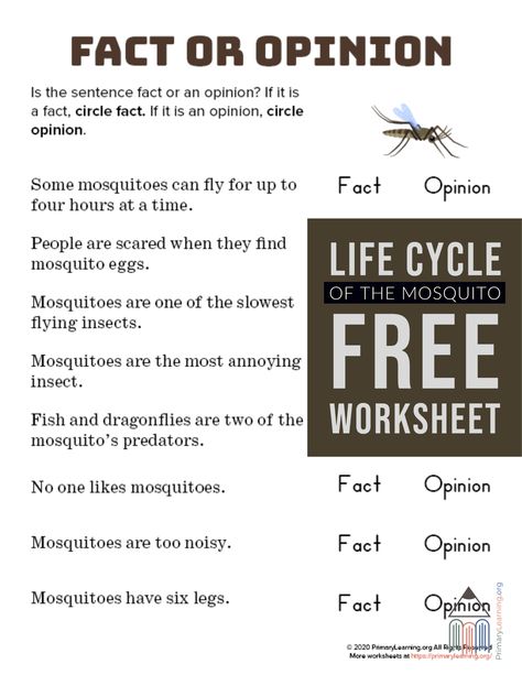 Students learn to recognize the difference between facts and opinions. #science #lifecycle #worksheets #activities #mosquitolifecycle https://primarylearning.org/worksheet/mosquito-facts-and-opinions/?utm_source=pinterest&utm_medium=social&utm_campaign=science&utm_term=life_cycles&utm_content=mosquito Mosquito Life Cycle, Fact Or Opinion, Facts And Opinions, Shark Facts, Free Homeschool Resources, Fact And Opinion, Homeschool Lesson, Free Homeschool, Science Worksheets