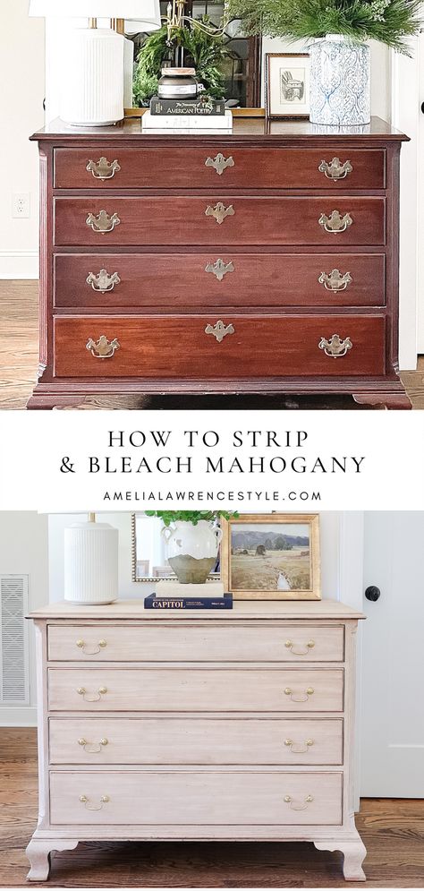 Here is the best way to strip and bleach mahogany furniture and bring new, lighter life to dark red wood furniture. How To Make Wood Lighter, Stripping Dresser Wood Furniture, Refurbished Mahogany Furniture, Bedroom Mahogany Furniture, Upcycle Mahogany Furniture, How To Strip Mahogany Furniture, Redoing Wood Furniture, How To Change Color Of Wood Furniture, Strip Mahogany Furniture