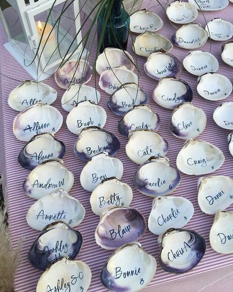 Clam shell place cards Shell Table, Beach Wedding Tables, Dream Beach Wedding, Beach Wedding Inspiration, Wedding Beach Ceremony, Beach Ceremony, Beach Wedding Decorations, Beach Wedding Favors, Seaside Wedding