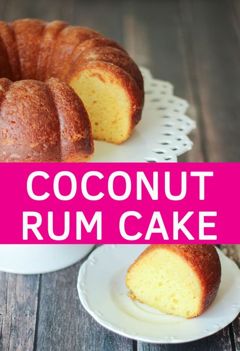 This easy cake starts with a yellow cake mix and gets dressed up with a buttery coconut rum sauce!  It only takes about 15 minutes to make this cake and it does not taste like it came out of a box!  We love it for Easter, BBQs and anywhere people enjoy coconut rum (so pretty much everywhere). Coconut Rum Cake Recipe, Coconut Rum Cake, Rum Cake Recipe Easy, Tortuga Rum Cake, Bacardi Rum Cake, Rum Cake Recipe, Savory Cakes, Tiramisu Dessert, Boozy Desserts