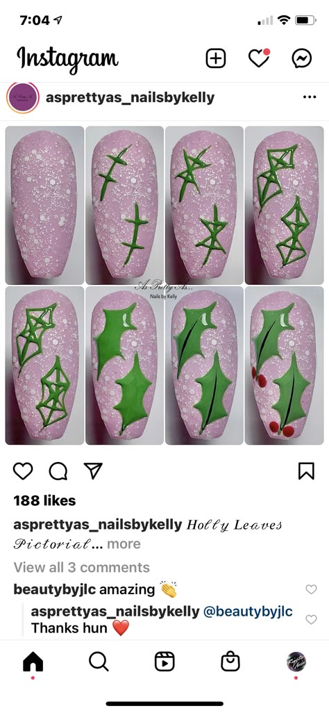 Holly Leaf Nails, Christmas Nail Tutorial Step By Step, Christmas Holly Nails, Wreath Nail Art, Holly Nail Art, Nail Steps, Holly Nails, Christmas Leaves, Nail Tutorial