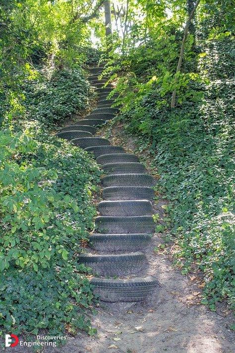 Steep Backyard, Steep Gardens, Landscape Bricks, Reuse Old Tires, Landscape Stairs, Landscaping On A Hill, Landscaping Retaining Walls, Garden Stairs, Reuse And Recycle