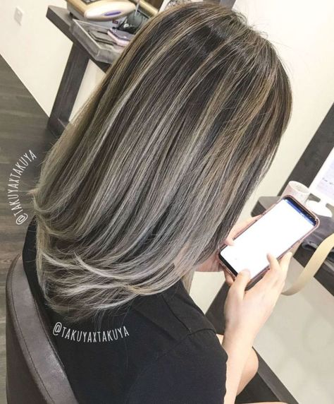 Best hair Color Silver Blonde Highlights, Ash Blonde Highlights On Dark Hair, Blonde Highlights On Dark Hair, Best Hair Color, Grey Hair Transformation, Ash Blonde Highlights, Ash Hair Color, Silver Highlights, Dark Hair With Highlights