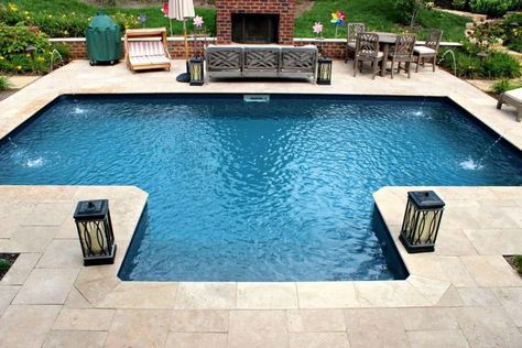 Heatwave Pools LLC Saltwater Pool Design, Pool With Deck Jets, L Shaped Pool, Vinyl Pools Inground, Pool With Deck, Arizona Landscaping, Custom Inground Pools, Latham Pool, Waterfall Pool