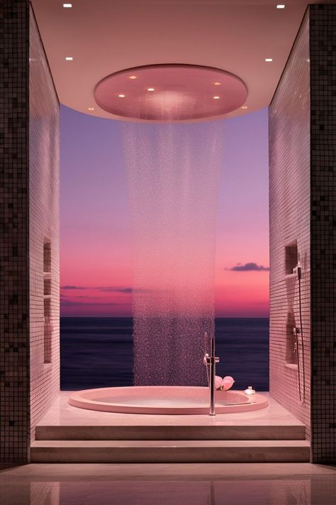 Modern Luxury Bathroom Design Master Bath Apartment, Luxury Shower Aesthetic, Dream Bathroom Aesthetic, Ocean Home Aesthetic, Marble House Design, Big Bathroom Aesthetic, Pink Master Bath, Pretty Showers, Fancy Bathroom Luxury