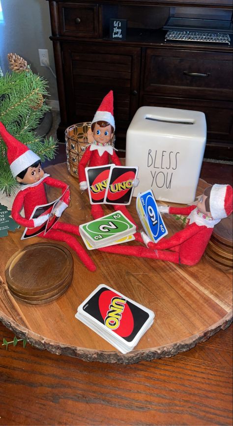 Elf On Shelf Playing Uno, Elf On The Shelf Playing Uno, Elf Playing Uno, Elf 2023, Play Uno, 2023 Ideas, Christmas Themes Decorations, Buddy The Elf, Shelf Ideas