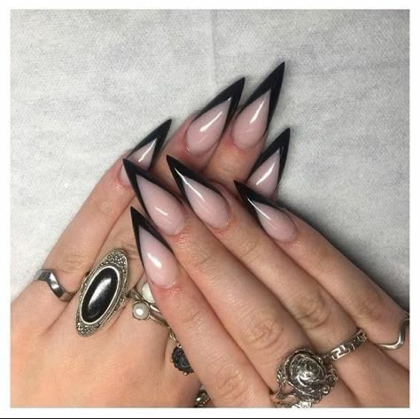 Black Acrylic Nail Designs Stilettos, Halloween Black Tip Nails, Witch Nails Acrylic Long, Goth Acrylic Nails Simple, Black Stilleto French Tip Nails, Goth Nails French Tip, Black Sharp Nails Design, Cute Nail Designs Stilettos, Black French Tip Stilleto