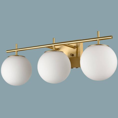 3-light brass wall sconces combination of manual blown white glass shade,Offering a sleek sphere silhouette.Perfectly for any modern space. Modern Bathroom Light Fixtures, Modern Bathroom Vanity Lighting, Vanity Wall Light, Bathroom Plan, Black Vanity Light, Light Fixtures Bathroom Vanity, Modern Bathroom Lighting, Vanity Light Fixtures, Bathroom Light Fixtures