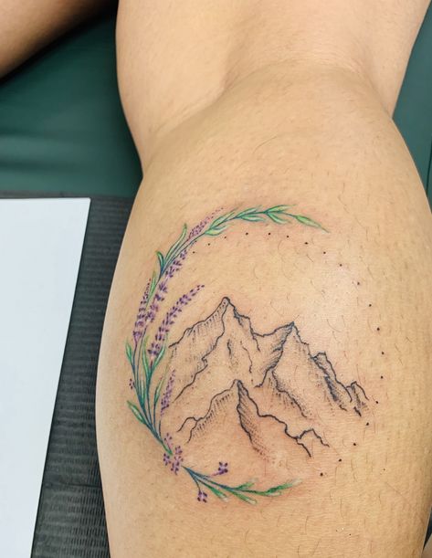 Mountain Tattoo With Color, Colorful Mountain Tattoo, Mountain Tattoo Color, Colorado Mountain Tattoo, Mountain And Flower Tattoo, Utah Tattoo Ideas, Watercolor Mountains Tattoo, Alaska Tattoo, Utah Tattoo