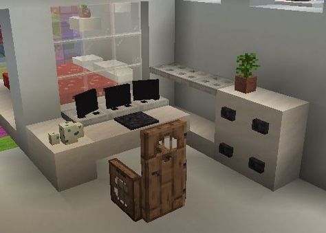 Minecraft Desk Ideas In Game, Study Room Minecraft, Minecraft Reception Desk Ideas, Minecraft Vanity Ideas, Office In Minecraft, Gaming Room Minecraft, Vanity Minecraft, Minecraft Couches, Minecraft Vanity