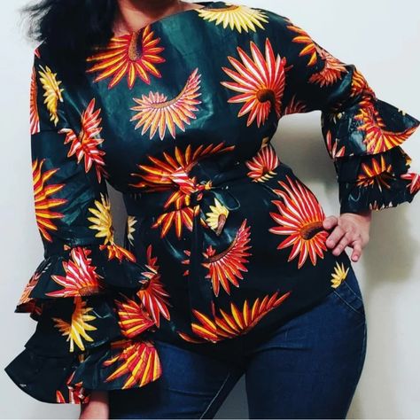 Ankara Blouse With Ruffles At Wrist. Ties At Waist In Back For A Tighter Fit. This Is Ankara Material And It Does Not Stretch. Will Fit Women’s Size 8-12. Ankara Material, Ankara Blouse, Blouse With Ruffles, Ankara Print, Ruffle Sleeve Blouse, Green Orange, Green And Orange, Ankara, Ruffles