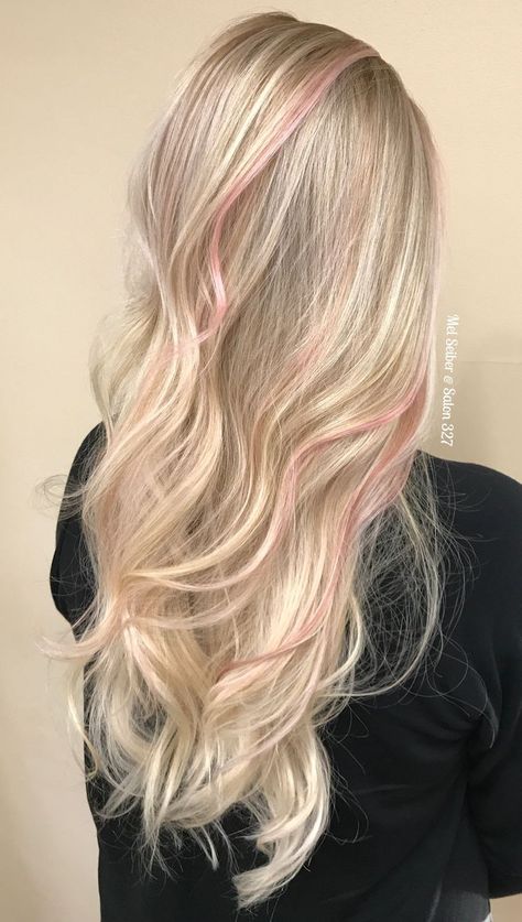 Blonde Balayage with pink peekaboos Balayage With Pink, Strawberry Blonde Pink, Blonde Balayage With Pink, Blonde Pink Balayage, Blonde And Pink Hair, Pink Hair Inspiration, Blonde And Pink, Pink Hair Highlights, Blonde Hair With Pink