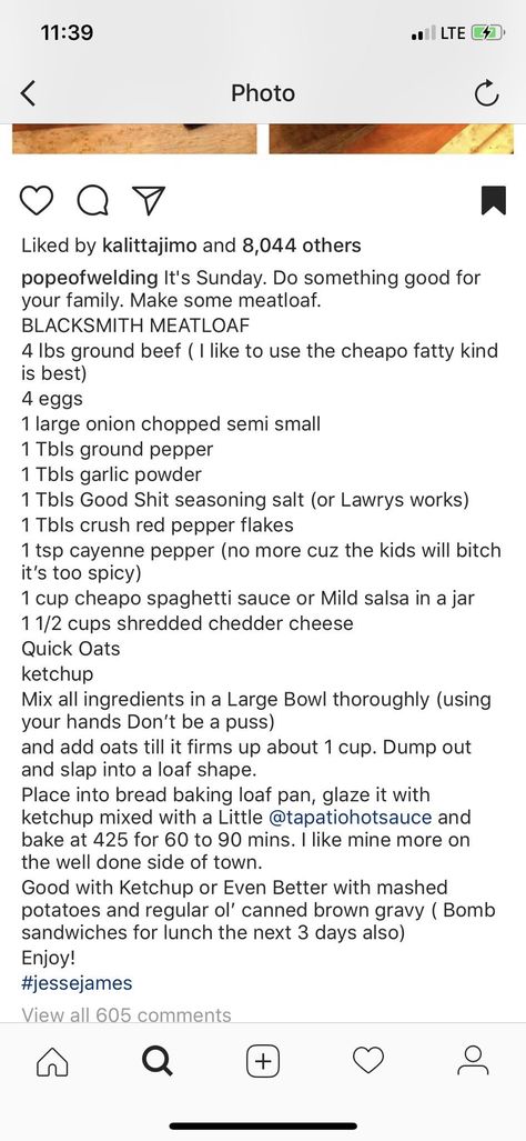 Jesse James Meatloaf Jesse James Meatloaf Recipe, Smoker Ideas, Burger Recipes Beef, Classic Meatloaf Recipe, Black Smith, Classic Meatloaf, Recipes Beef, Supper Ideas, Hamburger Recipes