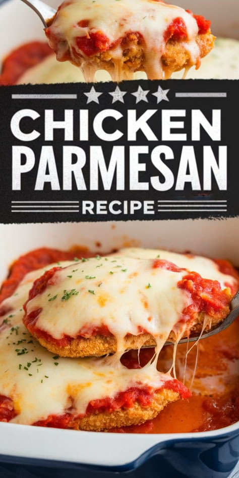 A comforting dish that never goes out of style! This Chicken Parmesan is crispy, cheesy, and absolutely delicious. Serve it with pasta or a fresh salad! Chicken Parmesan Marinara Recipe, Best Parmesan Chicken Recipe, Chicken Parmesan With Chicken Patties, Simple Chicken Parm, Cheap Chicken Parmesan, Chicken Parm Oven, Homemade Chicken Parm, Ww Chicken Parmesan Recipe, Olive Garden Chicken Parmesan Recipe