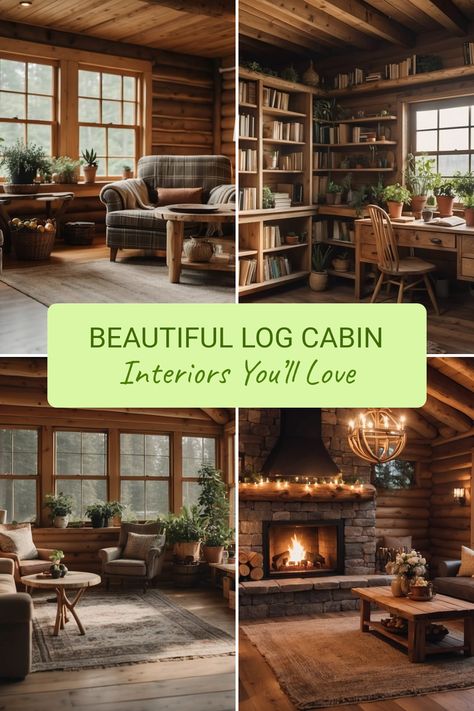 Get cozy ideas for your garden log cabin's interior! Imagine warm, inviting spaces filled with rustic charm and modern comfort. Think plaid throw blankets on comfy furniture, bright spaces with large sunny windows, and delightful shelves stuffed with gardening books and tiny potted plants. It’s all about creating a cozy escape that feels connected to nature. Your perfect garden retreat is just a few design choices away. Explore some lovely interior styles and make your log cabin a charming hideaway you can’t wait to enjoy. Log Cabin Boho Decor, Decorating A Log Cabin, Small Rustic Cabin Interiors, Cute Cabin Interior, One Room Cabin Interior, Log Cabin Decorating Ideas, Small Log Cabin Interior, Log House Interior, Log Cabin Interior Ideas