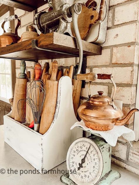 Toolbox Decor, Vintage Scale Decor, Vintage Rolling Pins, Rolling Pin Display, Antique Kitchen Utensils, Decorating Above Kitchen Cabinets, Antique Crocks, Wooden Tool Boxes, Eclectic Farmhouse