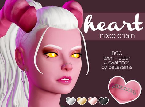 Heart Nose Chain | Bellassims on Patreon Sims 4 Nose Piercing Maxis Match, Nose Bridge Piercing, Cc Accessories, Los Sims 4 Mods, Nose Chain, Sims 4 Piercings, Cc Sims4, Sims 4 Body Mods, Sims 4 Cc Folder