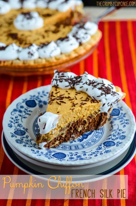 Pumpkin Chiffon French Silk Pie Pumpkin Pie Mousse, Sweet Pumpkin Recipes, Pumpkin Chiffon, Chiffon Pie, Chocolate Pumpkin Pie, Easy Pumpkin Dessert, Pecan Crust, French Silk Pie, Healthy Chocolate Recipes