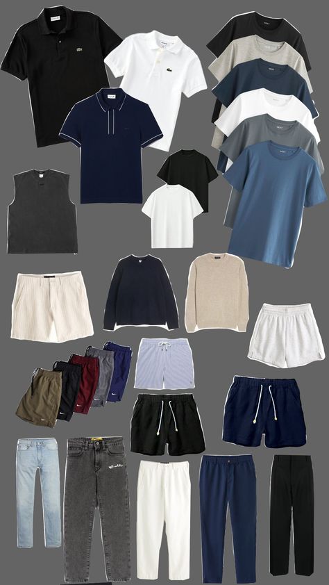 Basic Closet Essentials Men, Essential Wardrobe Men, Male Capsule Wardrobe, Mens Wardrobe Essentials, Closet Basics, Mens Fashion Casual Outfits, Cool Outfits For Men, Minimalist Wardrobe, Outfits Men