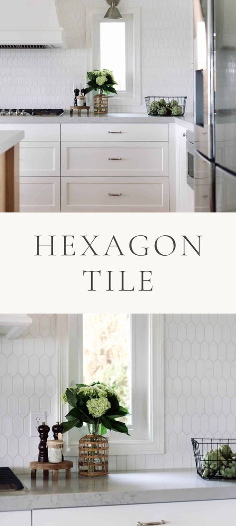 Backsplash Hexagon Tile, White Hexagon Tile Shower Wall, Hexagon Tile Design Patterns, White Kitchen Hexagon Backsplash, Hexagon Marble Backsplash, Oblong Hexagon Backsplash, Long Hexagon Backsplash, Elongated Hexagon Backsplash, Honeycomb Tiles Kitchen