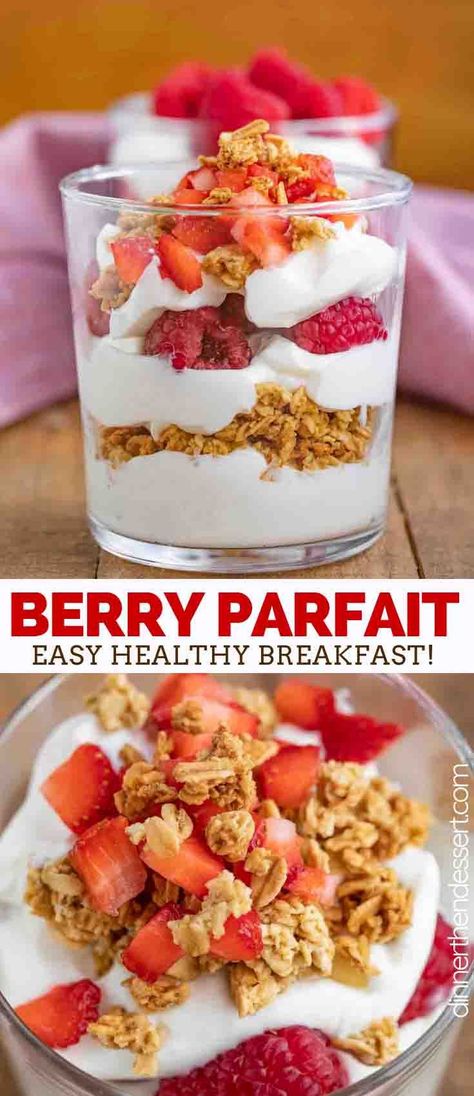 Yogurt Parfait is an incredibly EASY healthy breakfast made from layers of sweet vanilla yogurt, berries, granola and honey, ready in only a few minutes! #makeahead #healthy #parfait #yogurt #recipe #breakfast #easy #diy #granola #strawberry #dinnerthendessert Parfait Yogurt, Diy Granola, Dessert Yogurt, Healthy Parfait, Yogurt Berries, Yogurt Parfait Recipe, Desayuno Keto, Berry Parfait, Dessert Healthy